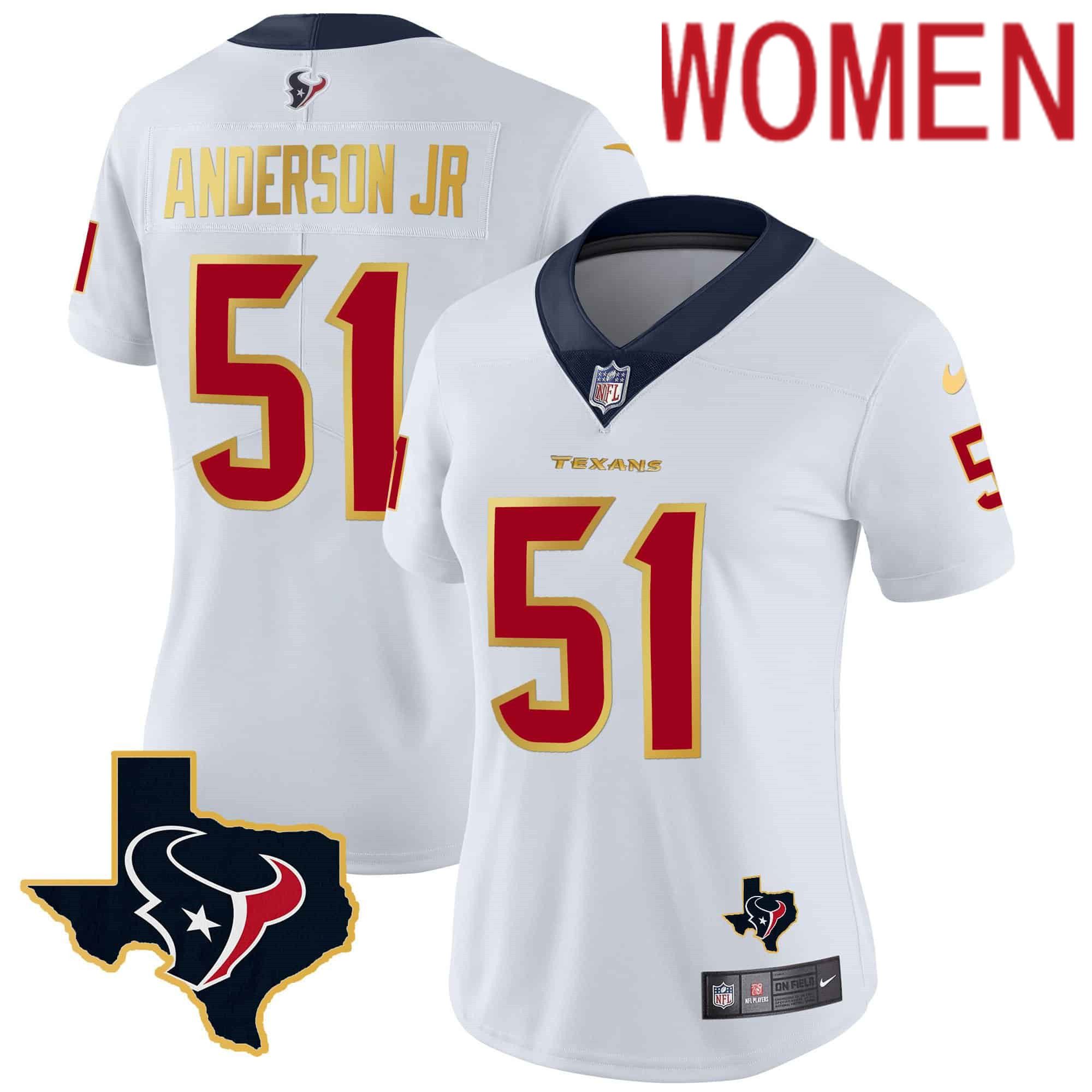 Women Houston Texans #51 Anderson jr White Gold 2024 Nike Trim Vapor NFL Jersey->women nfl jersey->Women Jersey
